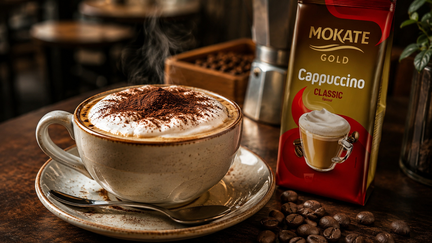 Tradiční italské cappuccino s hustou mléčnou pěnou a výraznou chutí espressa v útulné evropské kavárně